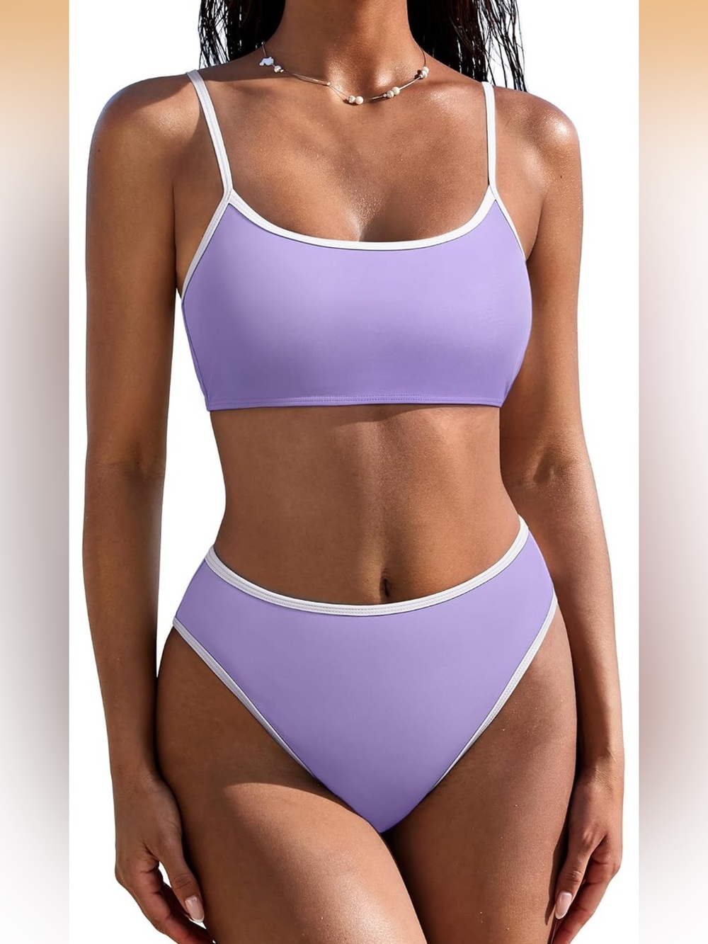NWOT High Waisted Lilac Contrast-Trim Bandeau Bikini Set with Adjustable Straps